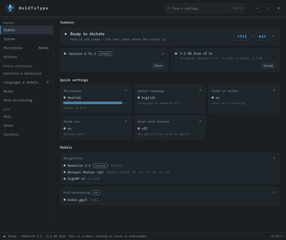 The HoldToType settings window, Status tab, Editor design