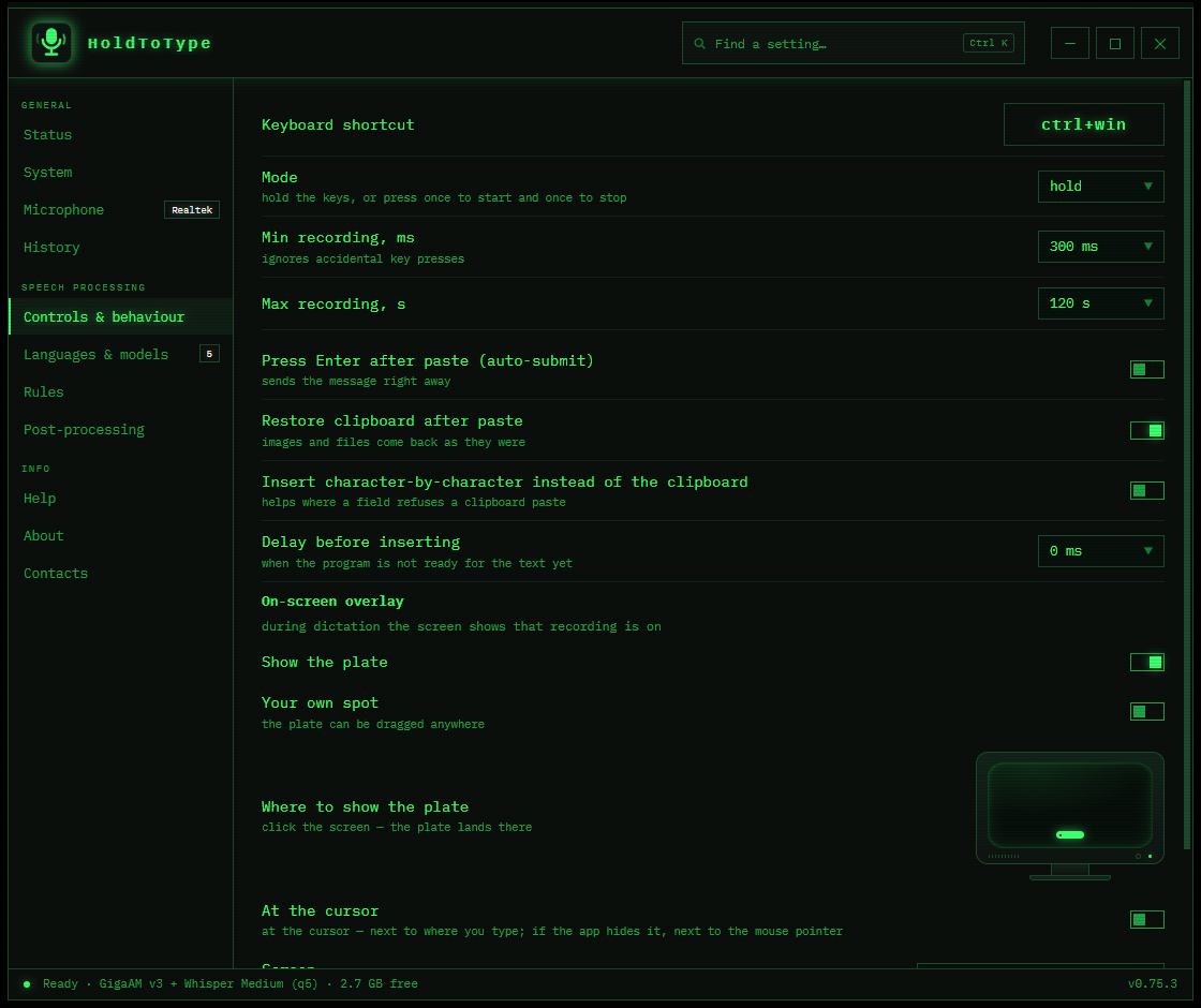 The Controls and behaviour screen