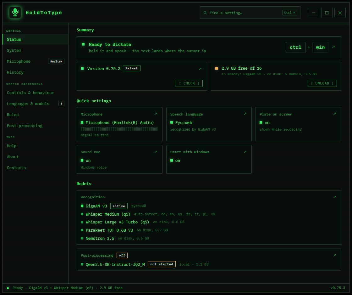 The Status screen of HoldToType in the terminal design